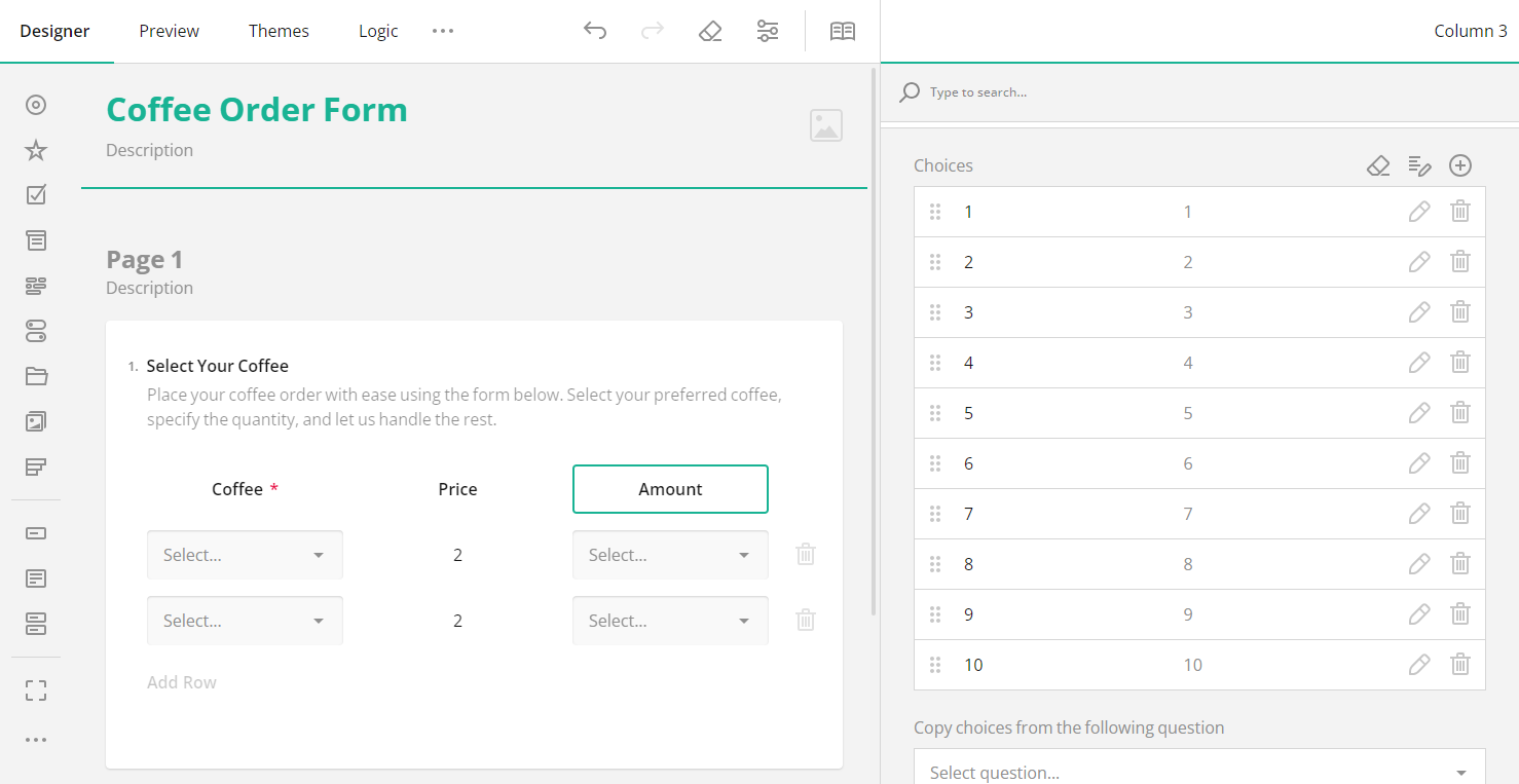 SurveyJS: Configure Amount Column which displays Numeric Choices