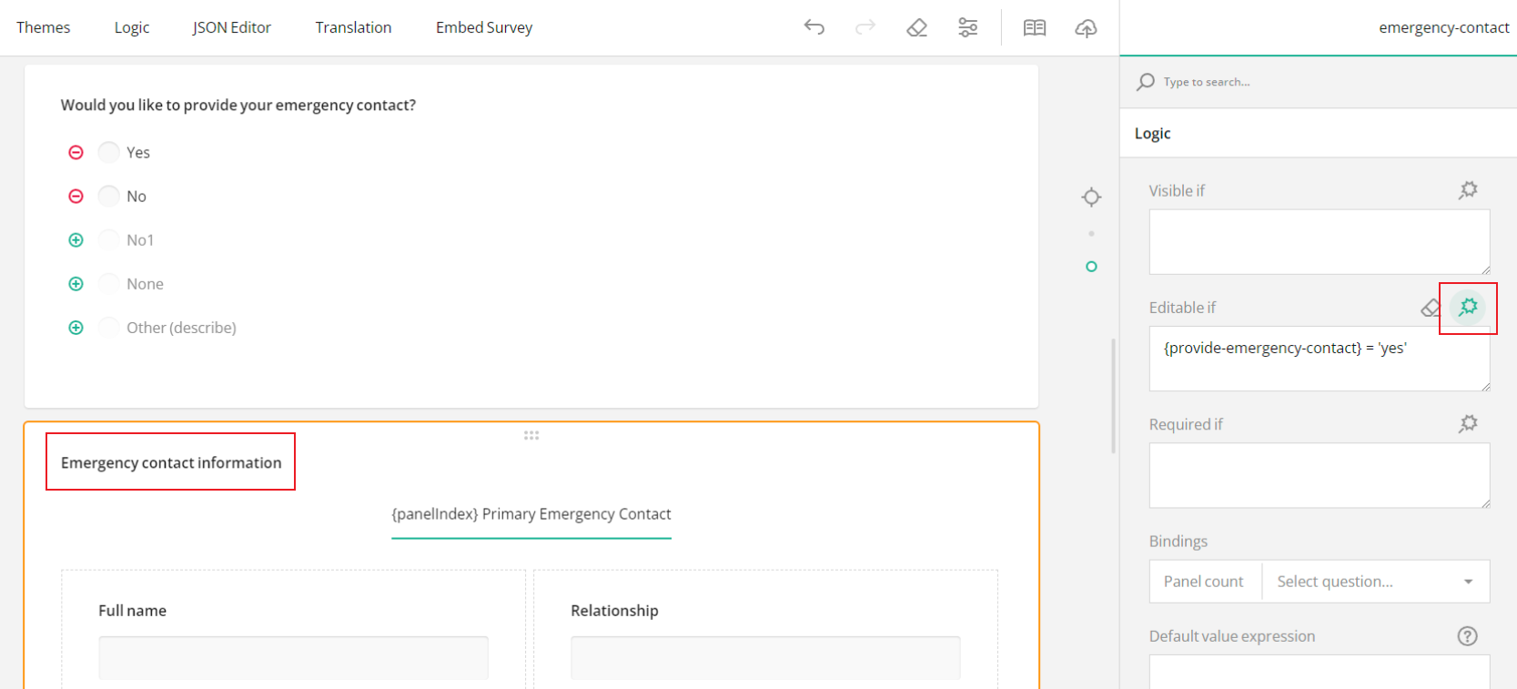 Form builder with conditional logic: field Editable if logic.