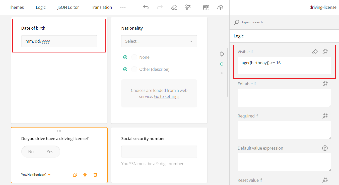 Form builder with conditional logic: built-ib fuctions in logic.