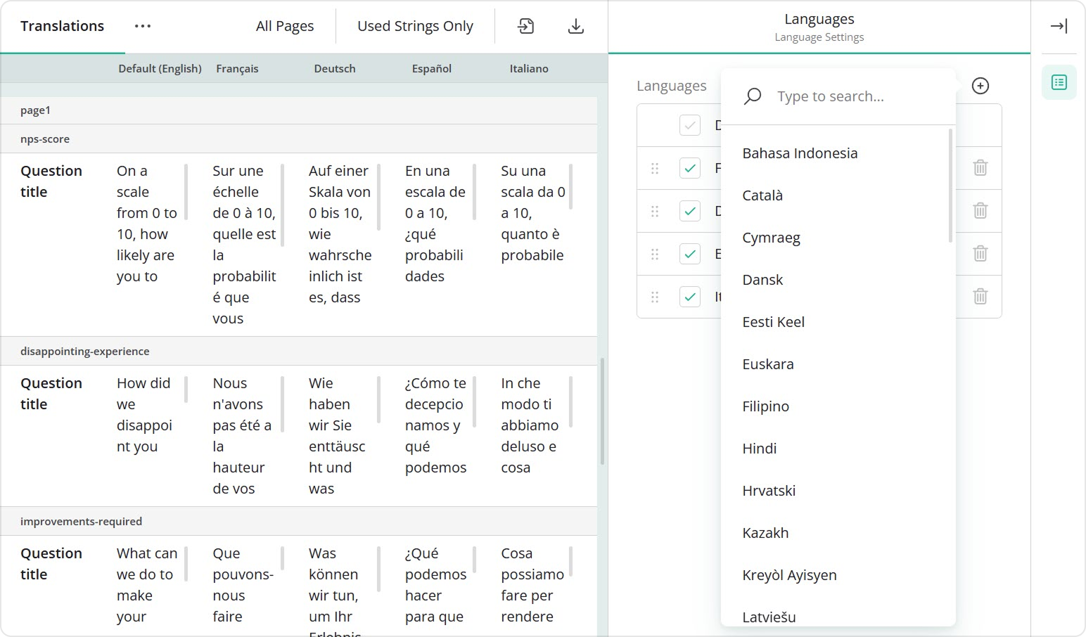 Language dropdown in the Translations tab