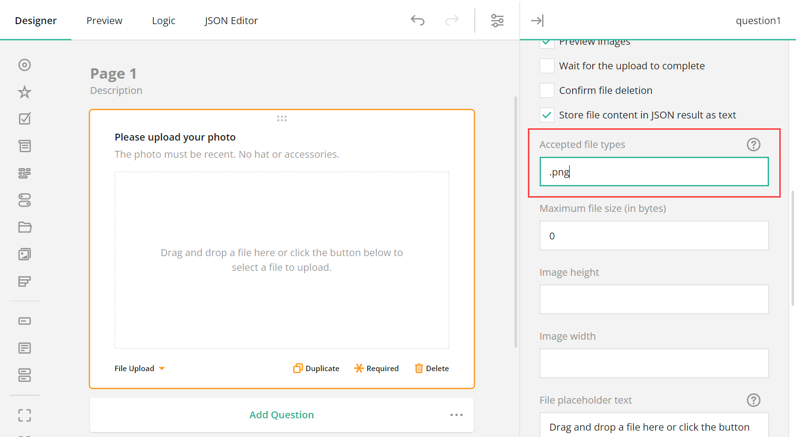 Restrict the allowed format for files uploaded within your SurveyJS form.