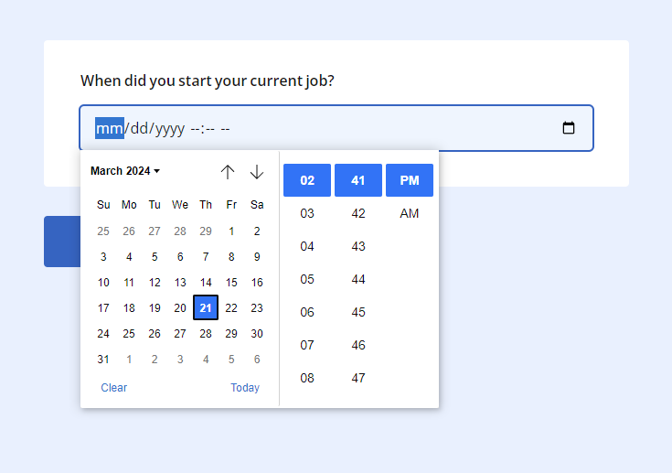 A Single-Line Input question with input type set to Date and Time