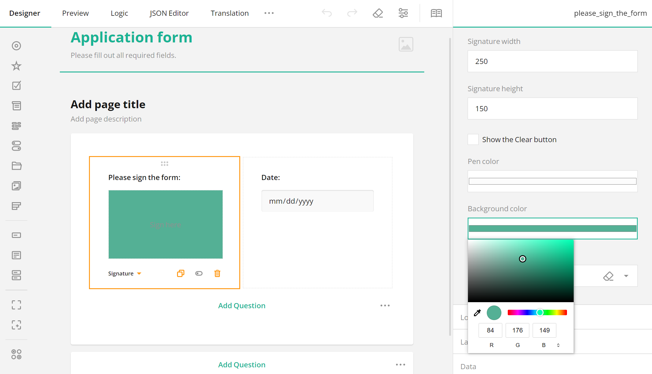 SurveyJS: Add a JavaScript Signature Pad Input Field using SurveyJS Creator.