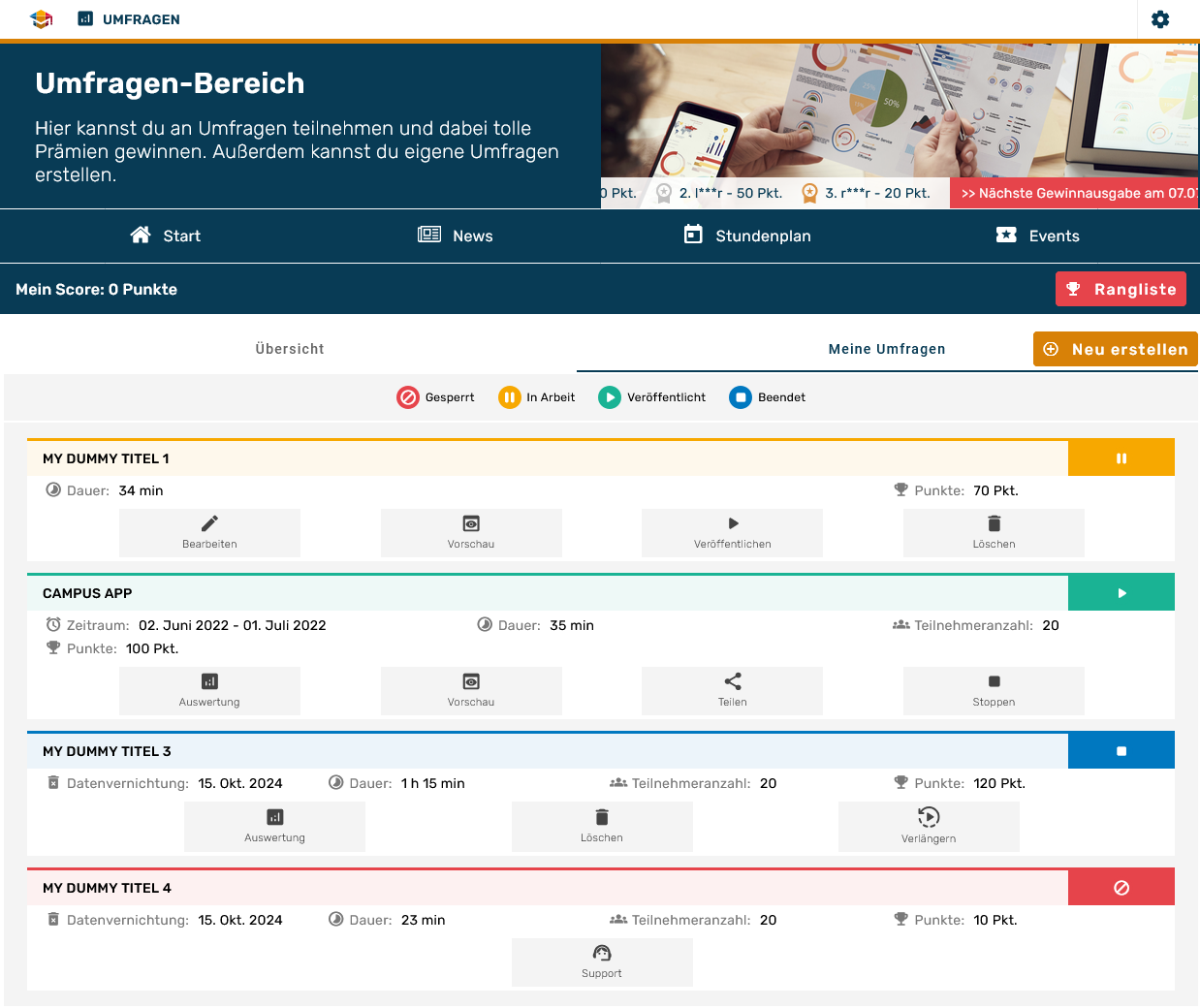 Overview page displaying the user's personal surveys