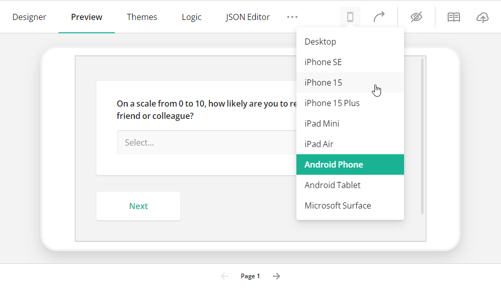 Survey Creator: Devices for survey preview