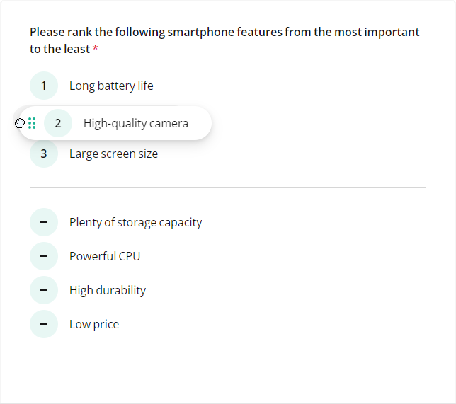 SurveyJS Ranking: Select items to rank (vertical layout)