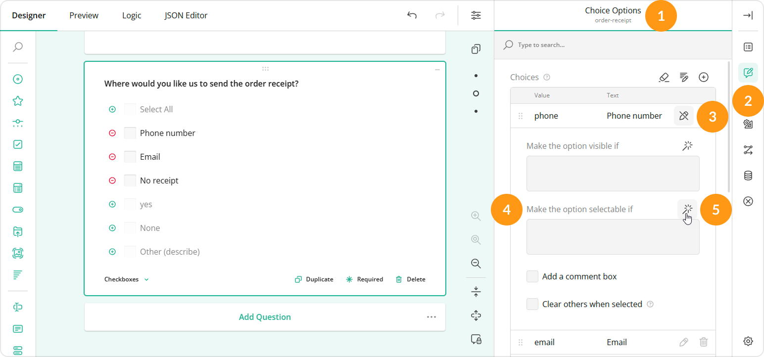 Survey Creator: How to implement choice option display logic (steps 1 to 5)