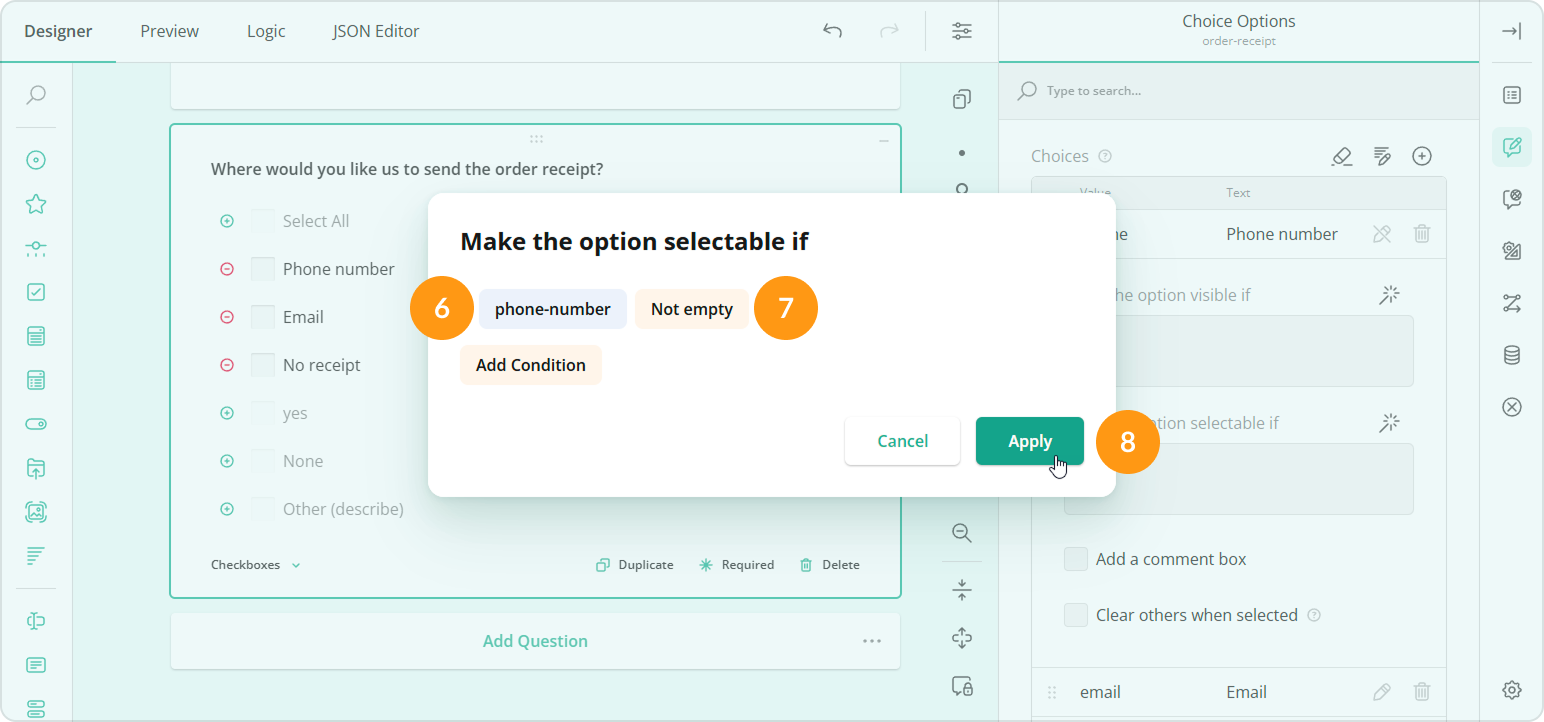 Survey Creator: How to implement choice option display logic (steps 6 to 8)