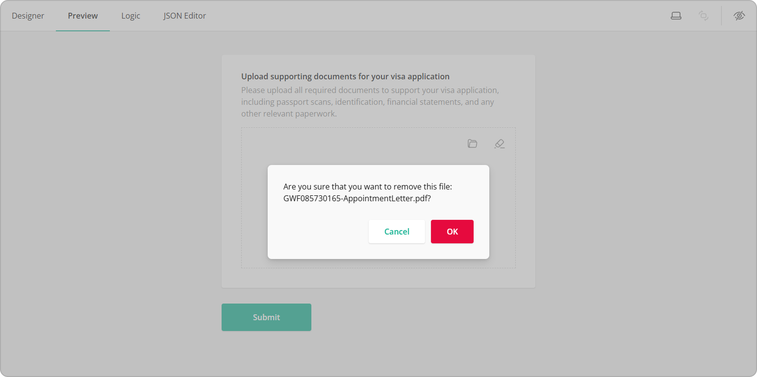 Confirmation popup shown when an uploaded file is being deleted.