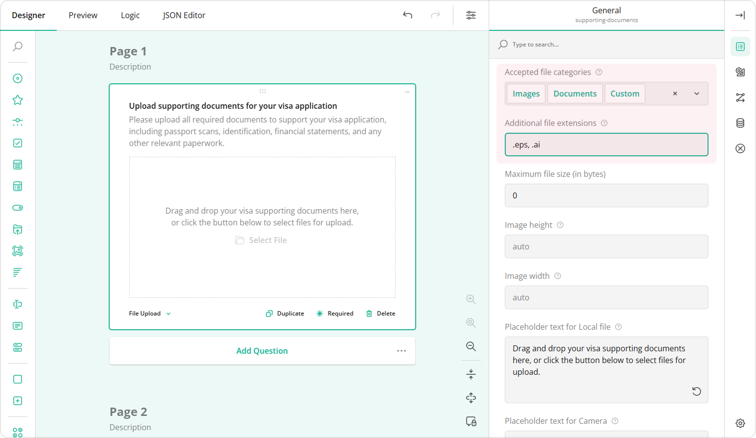 Add custom file extentions that your File Upload question will accept.