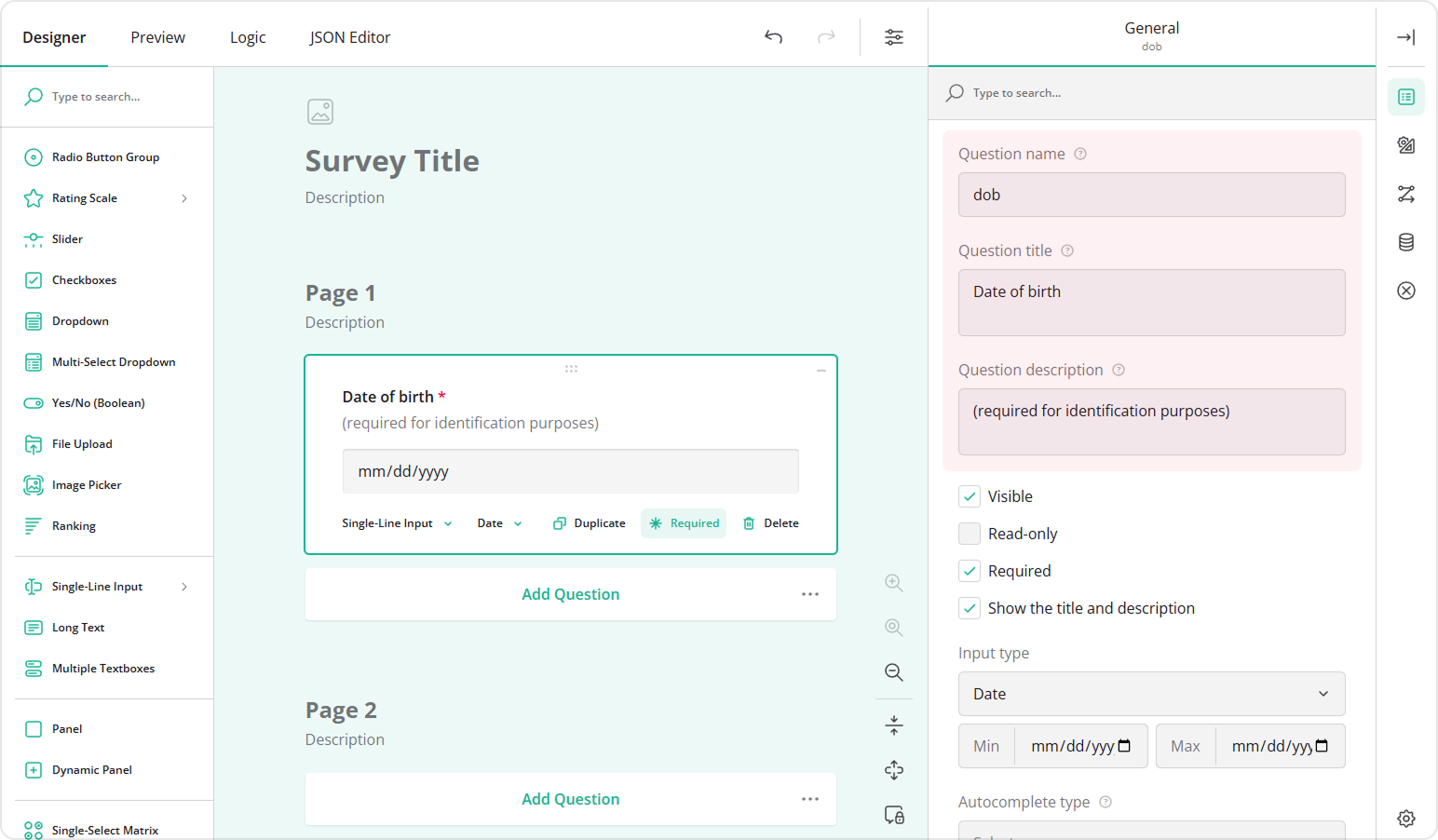 Add a name to the Date Picker question