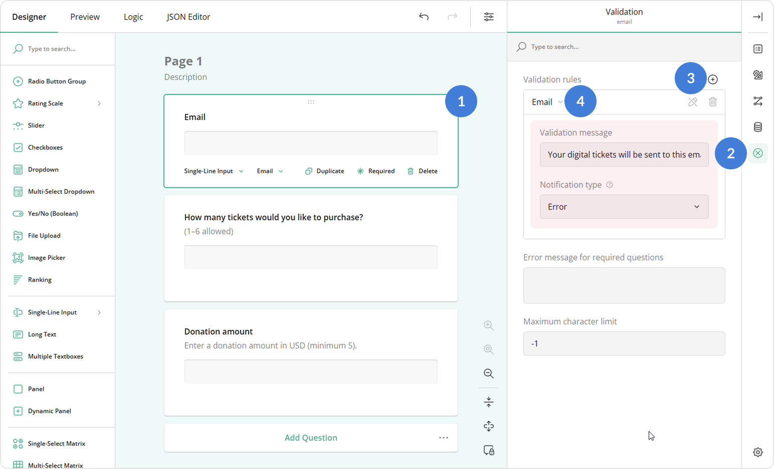 Set a custom error message for an email validation rule