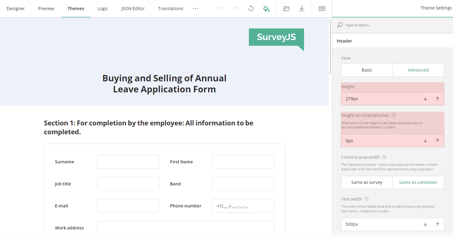 Advanced survey header settings: Survey header height