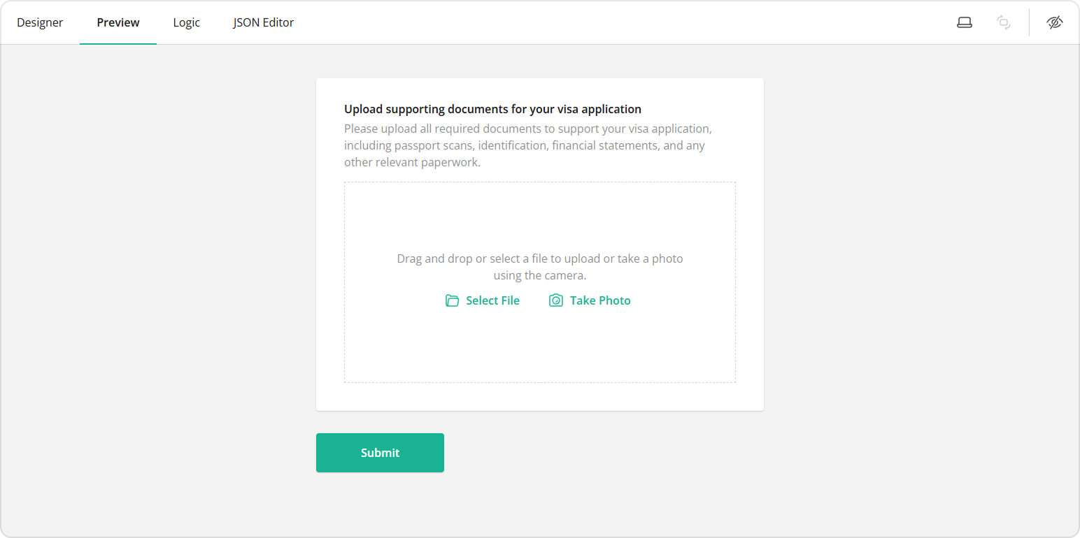 File Upload question with two enabled file source types: Local file and Camera.