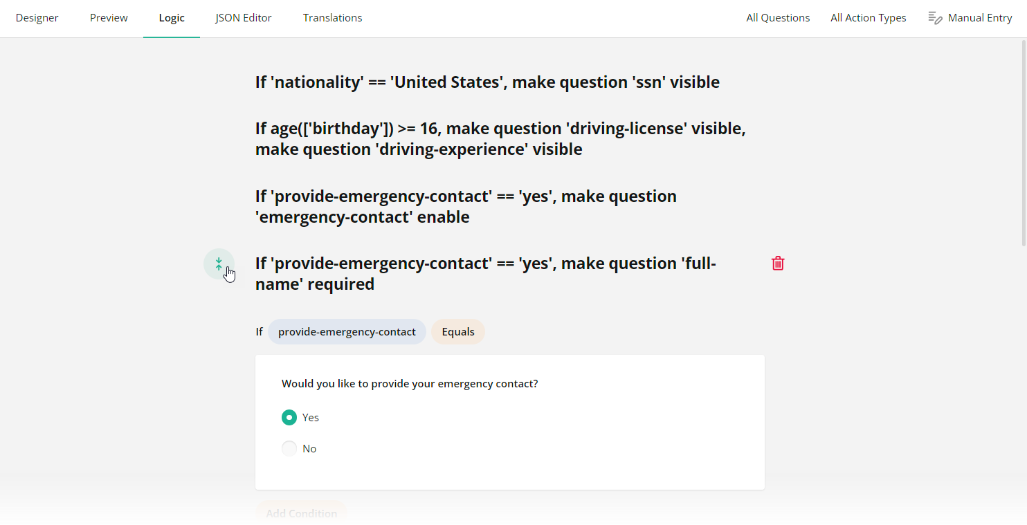 Survey Creator: Edit and remove display logic rules in the Logic tab