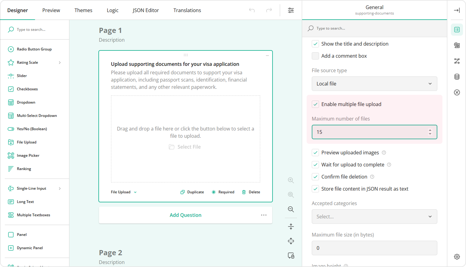 Enable multiple file upload and set the maximum number of files allowed.
