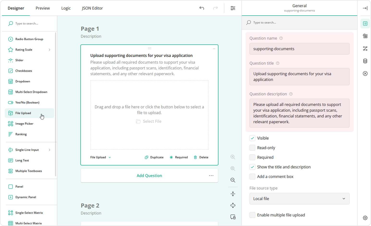 Add title and description to your File Upload question.