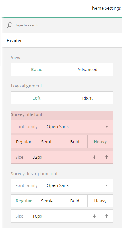 Basic survey header settings: Survey title font