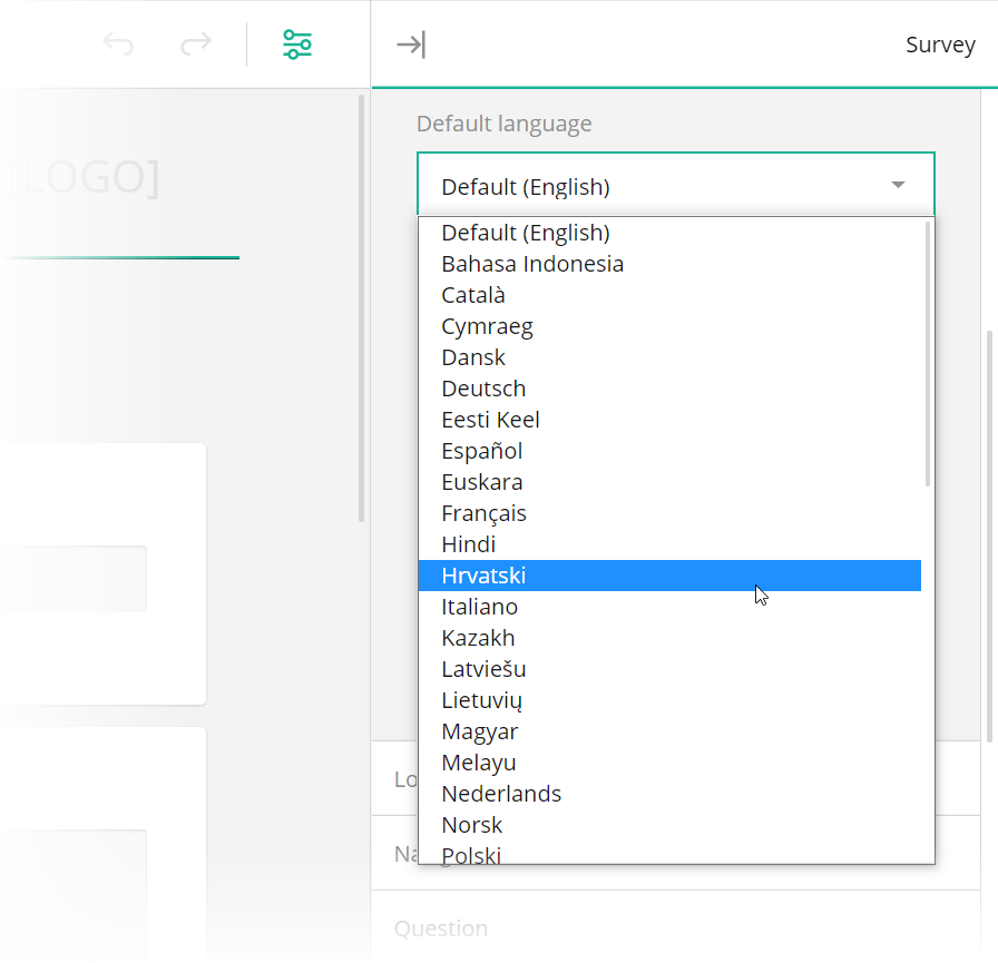 Survey Creator - Default Language dropdown