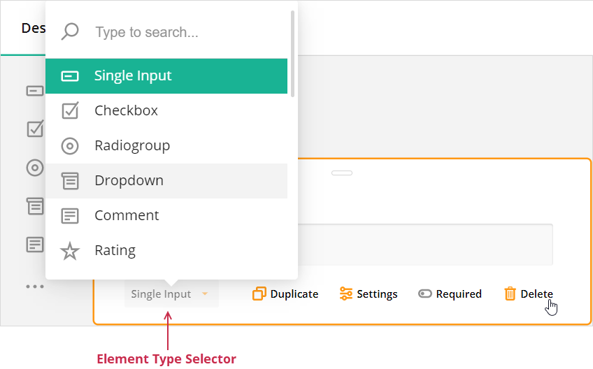 Survey Creator - Element type selector